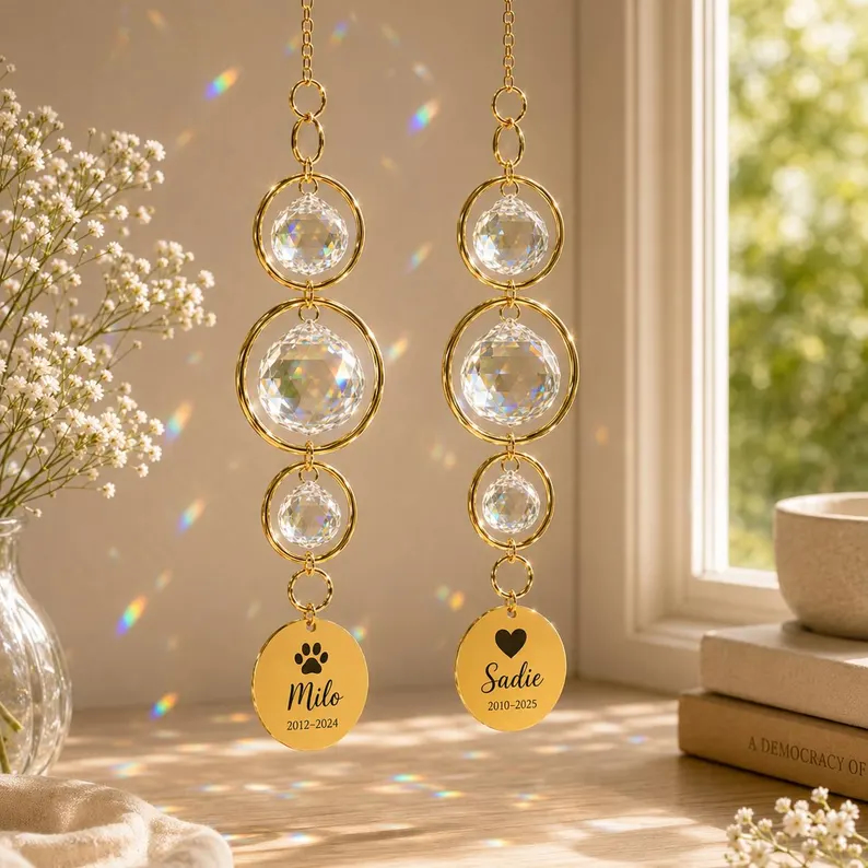 Custom Pet Memorial Sun Catcher, Rainbow Bridge Suncatcher with Forget Me Not Flower, Personalized Dog Remembrance Gift for Loss of Pet - View